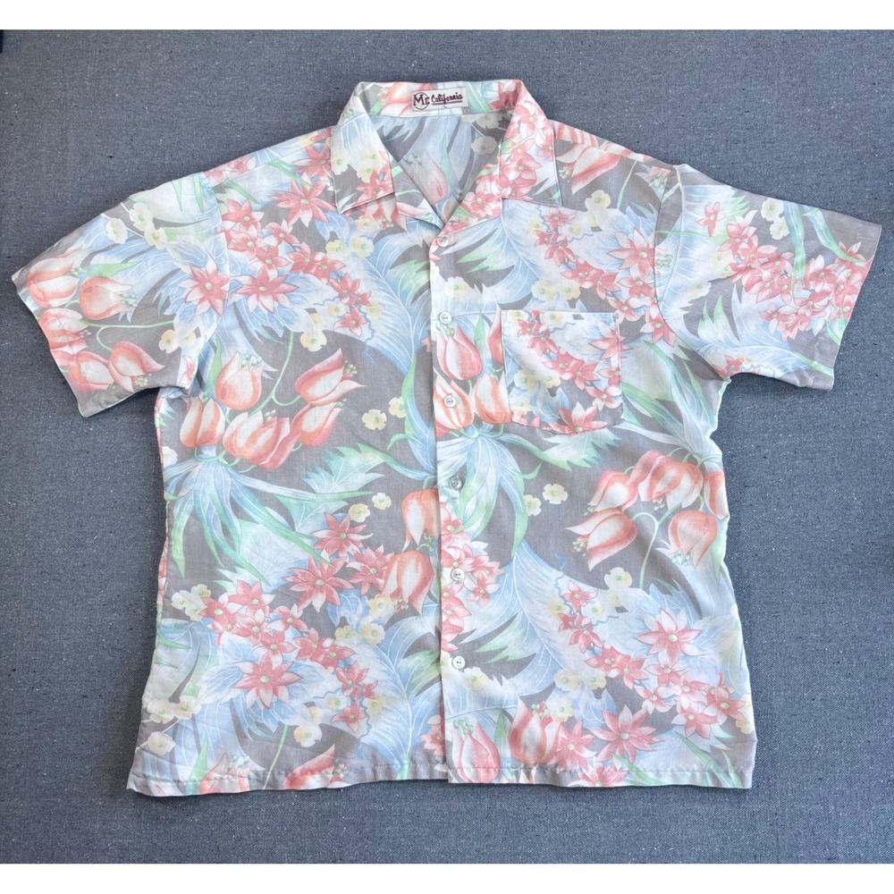 Mr California Vintage 1960s Camp Shirt Mens Large Gray Pink Floral Aloha